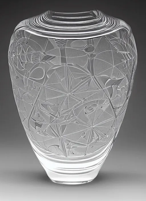 Image similar to Vase in the shape of impossible geometry by Escher, designed by Rene Lalique, found in a sunken ship treasure, 200 BCE