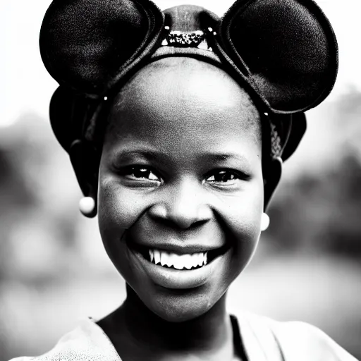 Prompt: portrait photograpy of an african disney princess by dianne arbus, monochrome, low shot, f 1. 4, ultra - detailed, 8 k