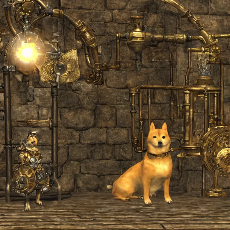 Prompt: a brass and steampunk mechanical shiba inu sitting in a dwarven dungeon, skyrim pc screenshot