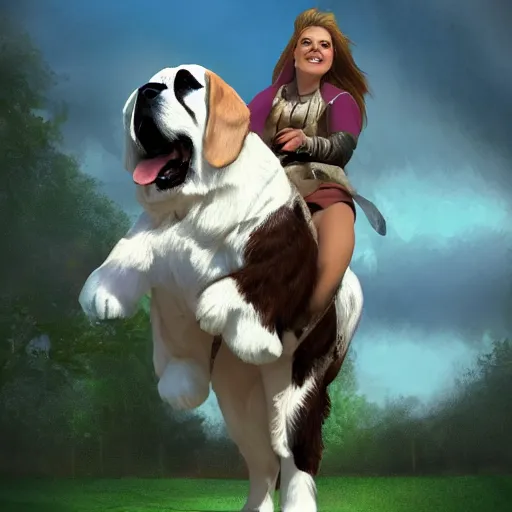 Image similar to girl riding giant saint Bernard in the park, trending on artstation