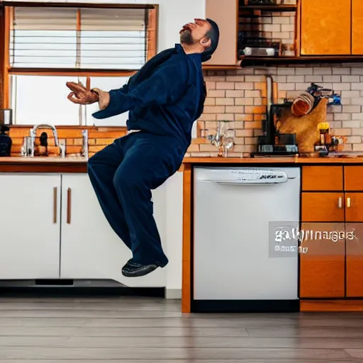 Prompt: photo of a man dancing in the kitchen, full of trash, garbage, shutterstock, getty images, istockphoto,