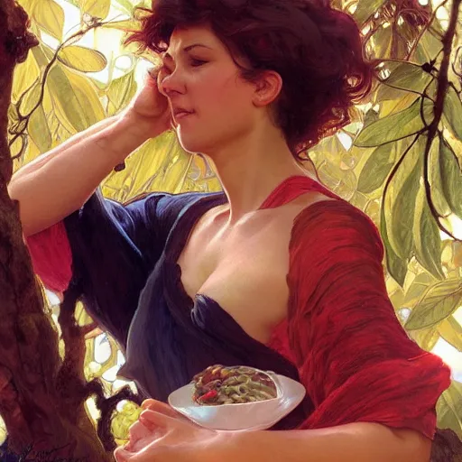 Image similar to eve eating fruit from the tree of knowedge of good and evil in the gardnen of eden, highly detailed, digital painting, artstation, concept art, smooth, sharp focus, illustration, artstation, art by artgerm, greg rutkowski, alphonse mucha, ilya repin and charlie bowater