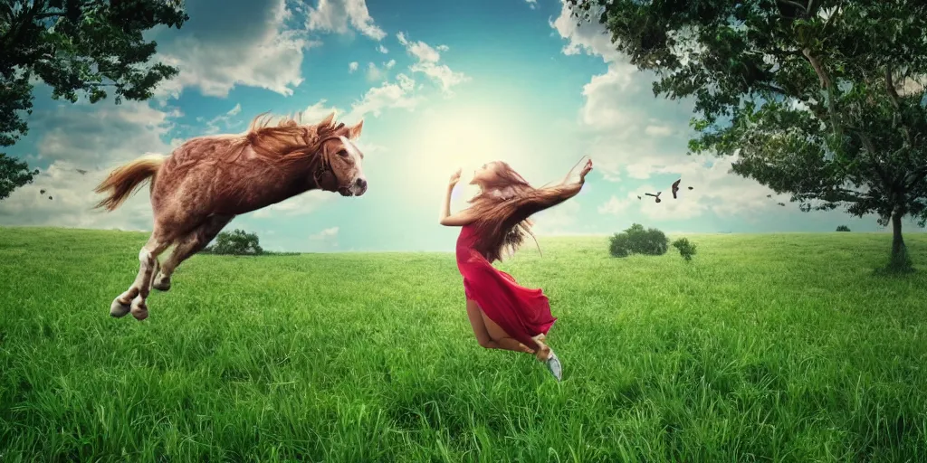 Image similar to pretty girl, wide open field, jumping, flying hair, mushrooms, vegetation, trees, moonlight, old farm