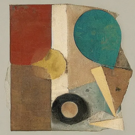 Image similar to an artwork by kurt schwitters, mix of geometric and organic shapes, both bright and earth colors