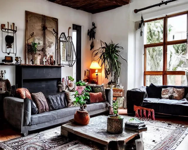 Image similar to sunrise photo of a tastefully decorated bohemian living room with dark luxurious furnishings, and a mix of antique and modern furniture, and a mix of concrete and raw wood finishes