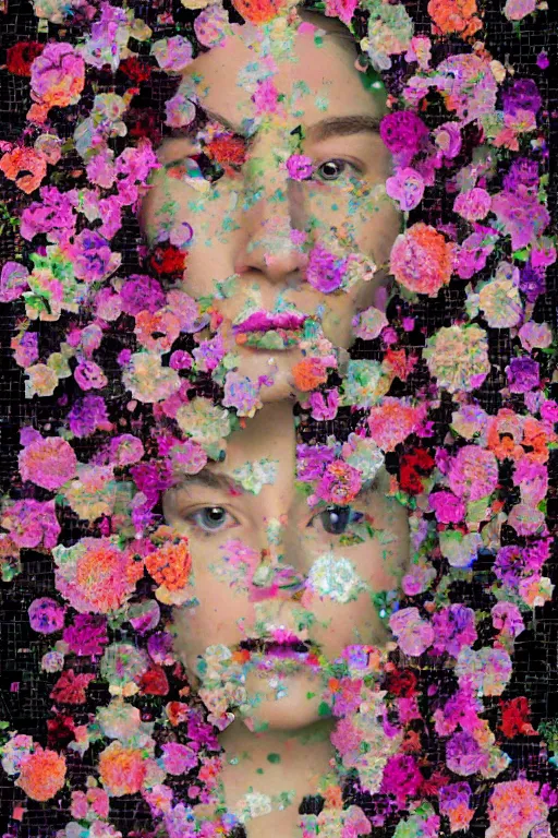 Prompt: glitch abstraction made from collage of female medieval faces mixed with flowers