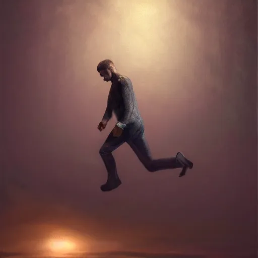 Image similar to man floating in air in total darkness, oil painting, pale colors, high detail, 8 k, wide angle, trending on artstation,