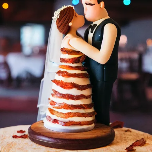 Prompt: a wedding cake made of bacon, professional food photo, bride and groom on top of the wedding cake,