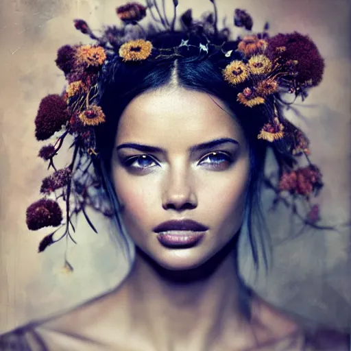 Image similar to fine art photo of adriana lima, she has a crown of dried flowers, by oleg oprisco