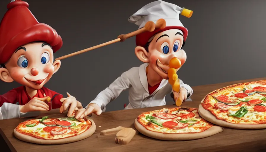 Prompt: pinocchio making pizza, photorealistic rendering. artstation, 4 k, hyperrealism