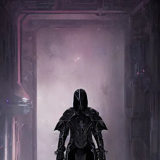 Prompt: matte digital artwork of the galactic assassin, intricate black sharp iridescent hooded armour, by greg rutkowski and tim white