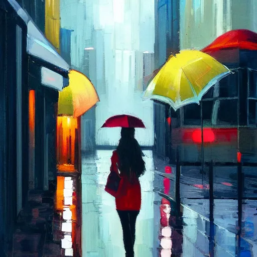 Prompt: evening modern high tech city scene with young woman with umbrella. beautiful use of light and shadow to create a sense of depth and movement. using energetic brushwork and a limited color palette and subtle red hue, providing a distinctive look and expressive quality in a rhythmic composition