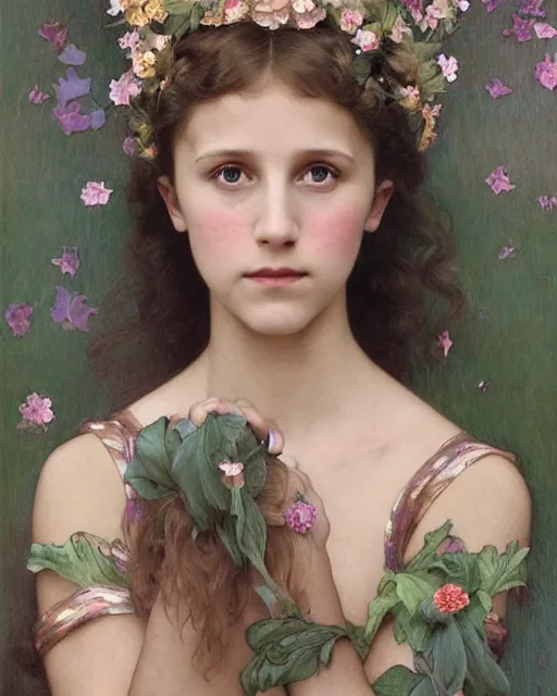 Image similar to an art nouveau portrait painting of a shy, blushing 1 6 - year old alicia vikander or millie bobby brown as a princess lying among flower petals, hair fanned around, intricate, elegant, highly detailed, artstation, concept art, by krenz cushart and donato giancola and william adolph bouguereau and alphonse mucha