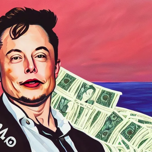 Image similar to painting of Elon Musk swimming in money