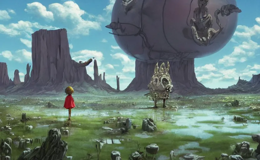 Prompt: a scary hyperrealist painting of a demon in a giant transparent bubble from howl's moving castle ( 2 0 0 4 ) in a flooded monument valley stonehenge jungle. depth perception, 4 k, artstation, in the style of studio ghibli