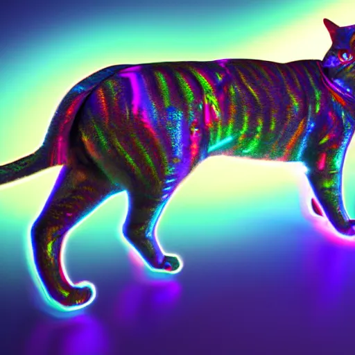 Prompt: an holographic iridescent prismatic cat, dark background, strong dramatic light, digital art rendered in unreal engine.