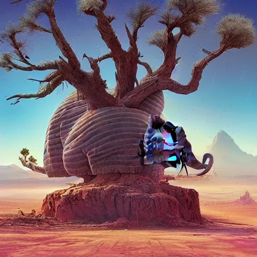 Image similar to one elephant in the desert, next to a huge dead tree head, concept art by chris labrooy, cgsociety, retrofuturism, sci - fi, concept art, futuristic