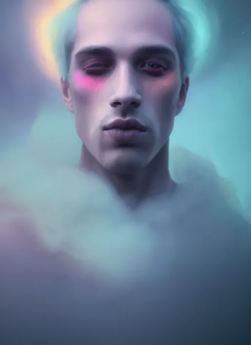 Prompt: an ethereal, misty portrait of a man whose face is accented with neon - toned glowing eyeliner. the makeup floats off his face and joins swirling clouds of smoke and fog, becoming an aurora. muted tones. surreal portrait, cinematic lighting, 8 k, smooth, sharp focus, digital painting, rendered in octane, painted by tom bagshaw, artgerm