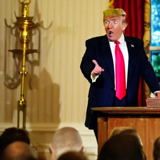 Prompt: Donald trump as a midget giving a fiery speech from a small pulpit