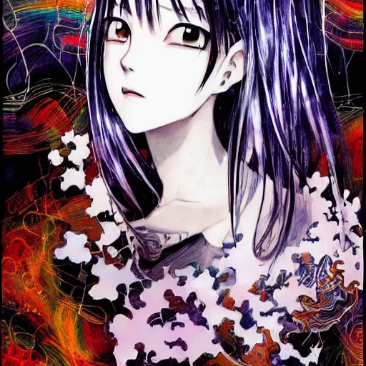 Prompt: yoshitaka amano realistic illustration of an anime girl with black eyes and short white hair wearing dress suit with tie and surrounded abstract junji ito style patterns in the background, blurry and dreamy illustration, noisy film grain effect, highly detailed, oil painting with expressive brush strokes, weird portrait angle