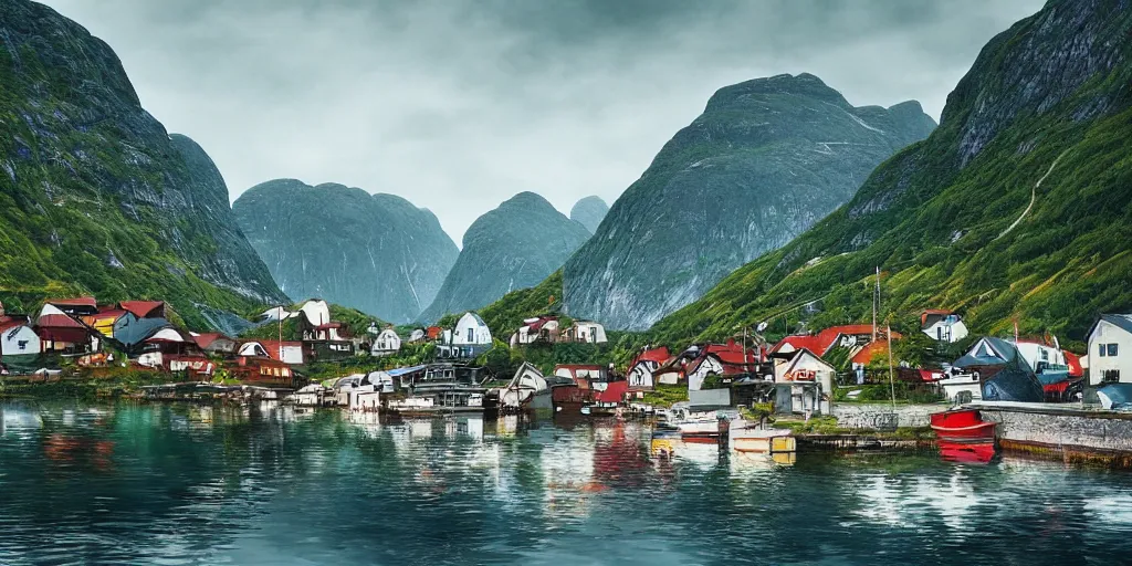 Prompt: a small fishing village nestled in the fjords of norway by alena aenami, petros afshar, colin campbell cooper speedart