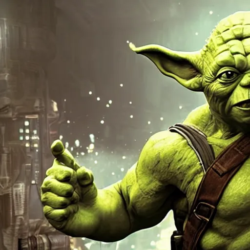 Image similar to yoda as the hulk the hulk in gears of war, splash art, movie still, cinematic lighting, dramatic, octane render, long lens, shallow depth of field, bokeh, anamorphic lens flare, 8 k, hyper detailed, 3 5 mm film grain