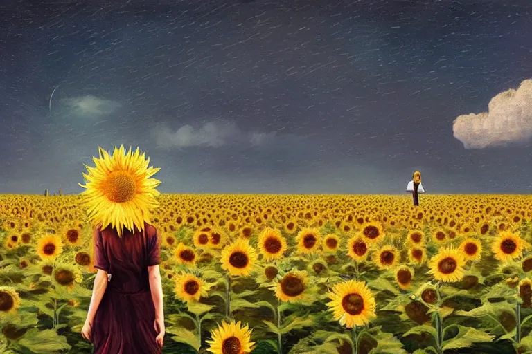 Image similar to giant sunflower as a head, girl walking in daisy field, hills, surreal photography, dark night, star trails, dramatic light, impressionist painting, clouds, digital painting, artstation, simon stalenhag