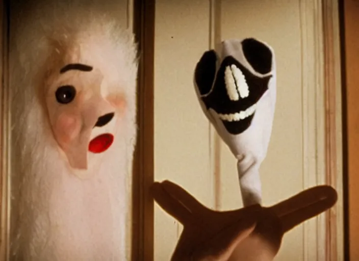 Prompt: a still from the hand - puppet remake of the shining