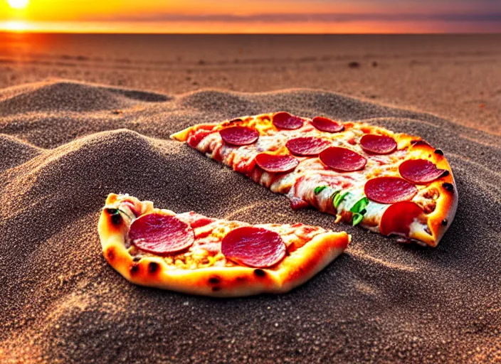 Image similar to clear highly detailed photorealistic food photograph of a pizza with salami anchovies pepperoni lying in beach sand at sunset