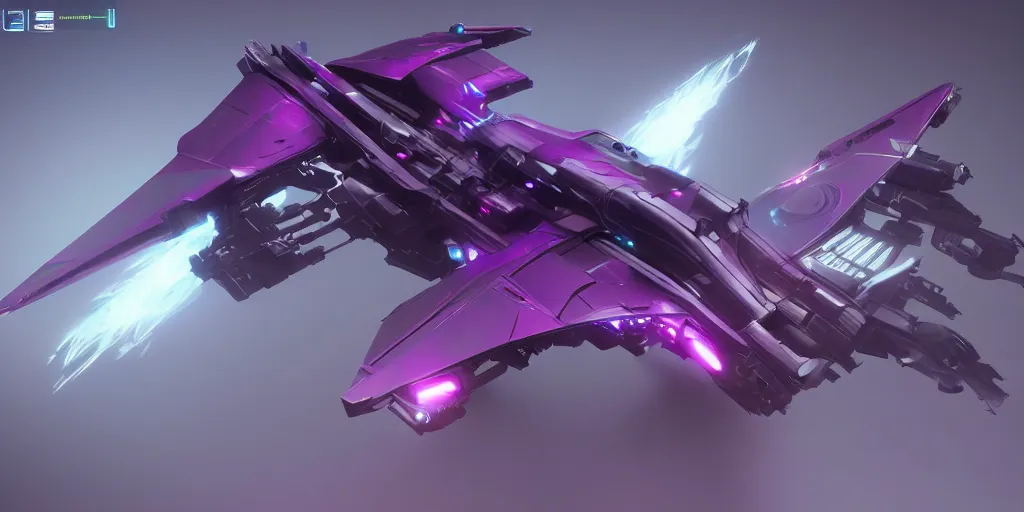 Image similar to cyberpunk concept inspired jet, futuristic look, highly detailed body, aerodynamic body, photorealistic camera shot, bright studio setting, studio lighting, crisp quality and light reflections, unreal engine 5 quality render, purple and dark tones