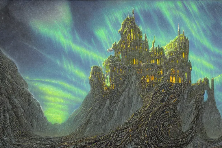 Image similar to highly detailed photoreal eldritch biomechanical castle on a cliff, aurora borealis, psychedelic by alan lee, john howe. ted naismith