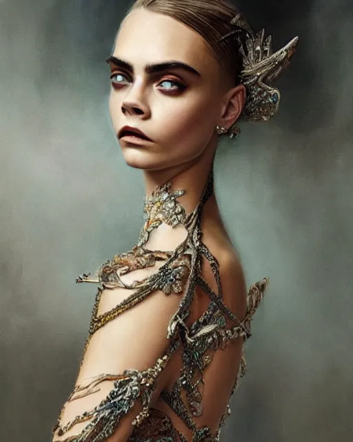 Image similar to cara delevingne wearing epic haute couture by Alexander McQueen, extremely beautiful and proportionate face, in the aesthetic of mert and marcus, masterpiece, intricate, elegant wardrobe, highly detailed, digital painting, artstation, concept art, smooth, sharp focus, illustration, art by artgerm and james jean and greg rutkowski and alphonse mucha