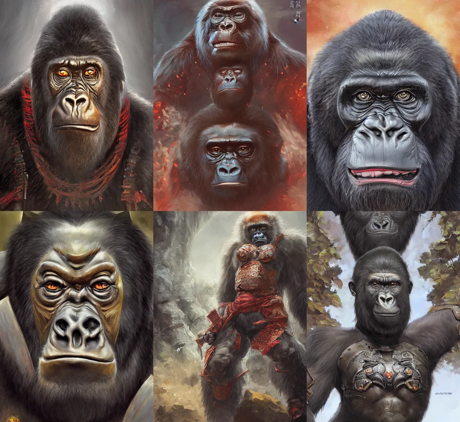 Image similar to frightening gorillas warrior portrait, full traditional chinese armor, art by artgerm, wlop, loish, ilya kuvshinov, tony sandoval. 8 k realistic, hyperdetailed, beautiful lighting, detailed background, depth of field, symmetrical face