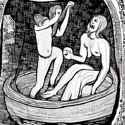 Prompt: person taking a bath medieval book illustration , stunning masterpiece