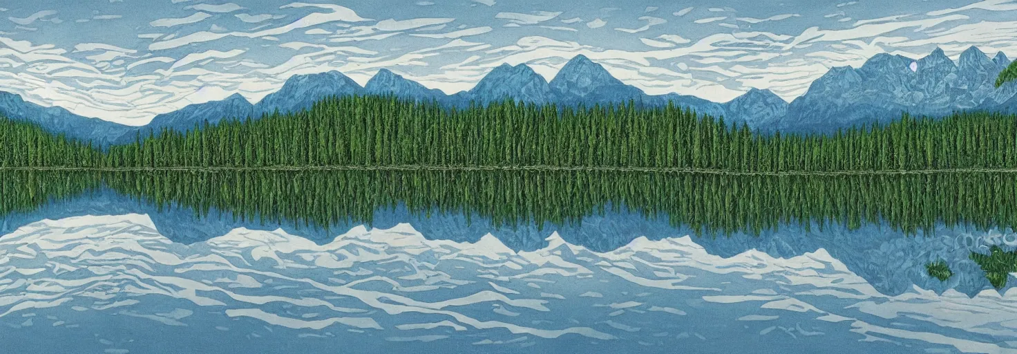 Image similar to escher painting of a lake, big trees reflecting on lake surface, mountains at background, snowy, ultra sharp, ultra detailed, colorized by salvador