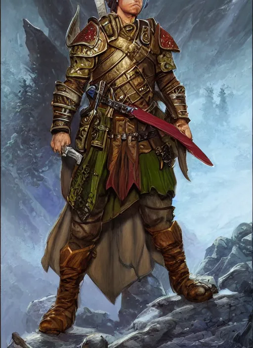 Image similar to town guard, ultra detailed fantasy, dndbeyond, bright, colourful, realistic, dnd character portrait, full body, pathfinder, pinterest, art by ralph horsley, dnd, rpg, lotr game design fanart by concept art, behance hd, artstation, deviantart, hdr render in unreal engine 5