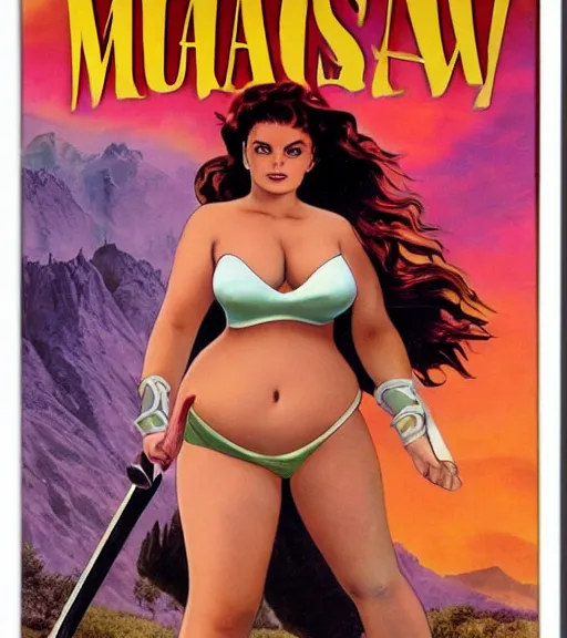 Image similar to 1 9 8 0 s fantasy novel book cover, bbw plus size amazonian ariel winter in extremely tight bikini armor wielding a cartoonishly large sword, exaggerated body features, dark and smoky background, low quality print