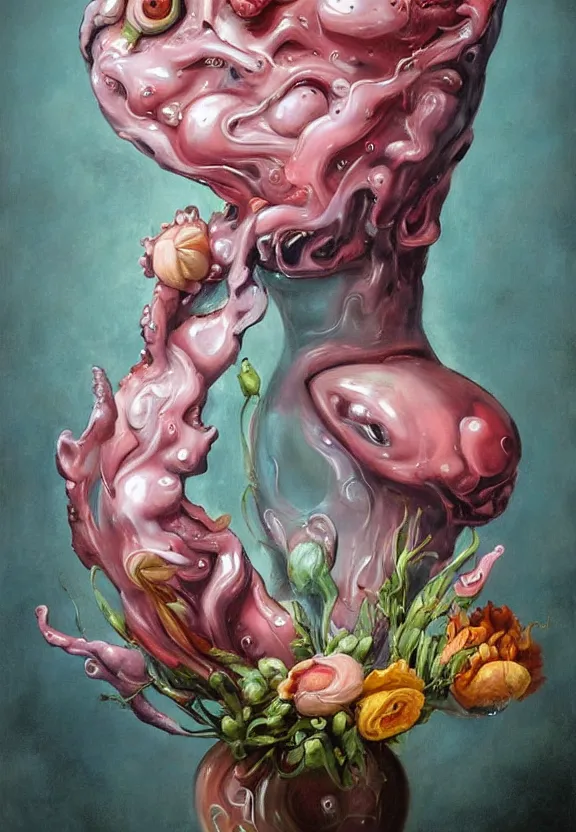 Prompt: a biomorphic painting of a vase with flowers and eyeballs in it, a surrealist painting by marco mazzoni, by dorothea tanning, pastel blues and pinks, lips, melting, plastic, featured on artstation, metaphysical painting, oil on canvas, fluid acrylic pour art, airbrush art, seapunk, rococo, lovecraftian