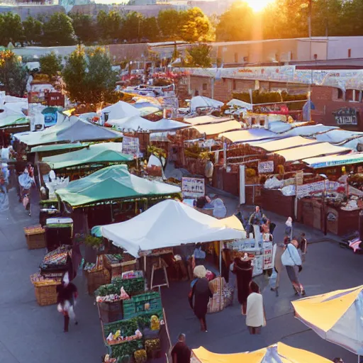 Image similar to film still, establishing shot of bustling farmers market, golden hour, high angle