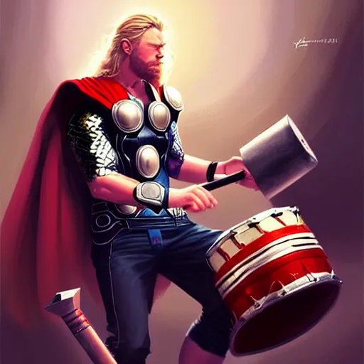 Image similar to thor playing the bongos, comic style by guweiz and stanley artgerm, extremely high quality artwork, very detailed, trending on artstation