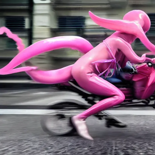 Image similar to hyper realistic, photo, humanoid pink female Squid girl, popping motorcycle wheelie on fast in the rainy city traffic