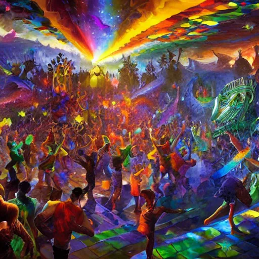 Image similar to rave dance party cryengine render by android jones, james christensen, rob gonsalves, leonid afremov and tim white