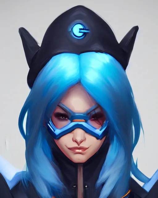 Image similar to overwatch concept art character portrait of a new character who is a wizard with blue hair, trending on artstation, cgsociety,