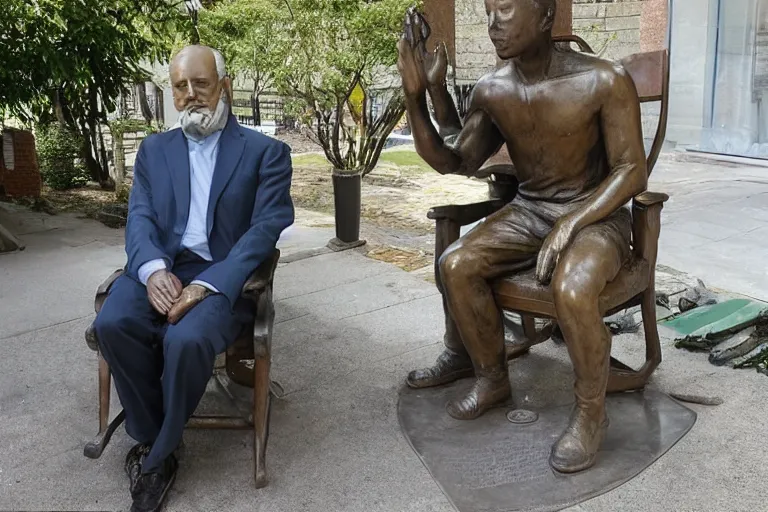 Image similar to a man who is sitting upright in a chair is touching a completed statue