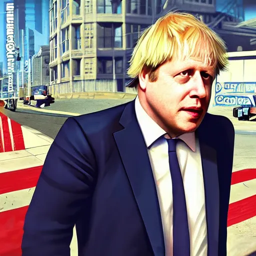 Image similar to Boris Johnson in GTA 5, cover art by Stephen Bliss, boxart, loading screen