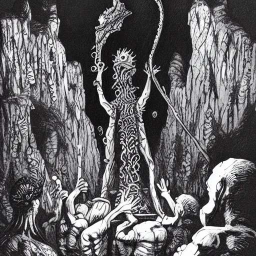 Prompt: Fishmen worshipping a statue of Cthulu in a dark cave. D&D. Pen and ink. Black and white. Mike Mignola, Erol Otus, Larry Elmore.