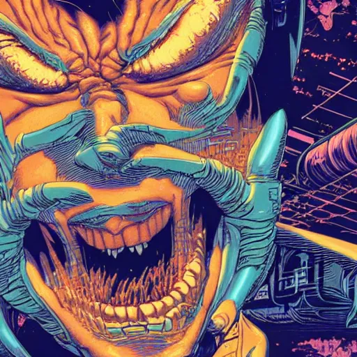 Image similar to closeup of face melting, by yoichi hatakenaka, masamune shirow, josan gonzales and dan mumford