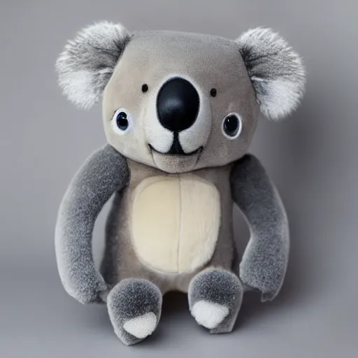 Image similar to a koala plush. beautifully made, detailed, cute, soft. high quality, studio lighting, product image