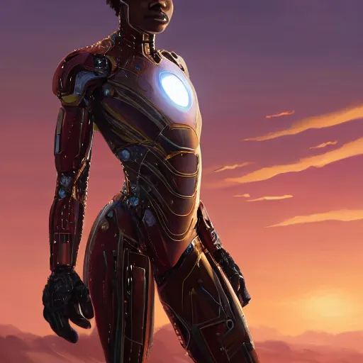 Image similar to highly detailed an african american woman in with the ironman suit from the future gta v, stephen bliss, unreal engine, fantasy art by greg rutkowski, loish, rhads, ferdinand knab, makoto shinkai and lois van baarle, ilya kuvshinov, rossdraws, tom bagshaw, global illumination, radiant light, detailed and intricate environment