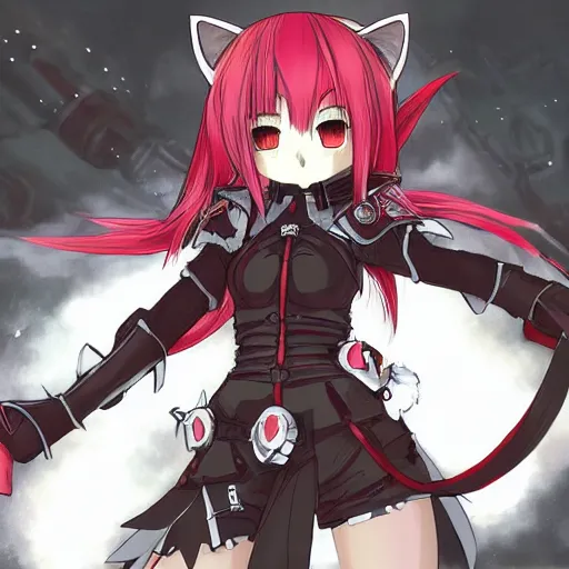 Prompt: An anime female teen with crimson hair, cat ears and tail, wearing an armor, drawn by Akihiko Yoshida in the style of Bravely Default II, highly detailed, trending on art station, sci-fi themed, dynamic posing